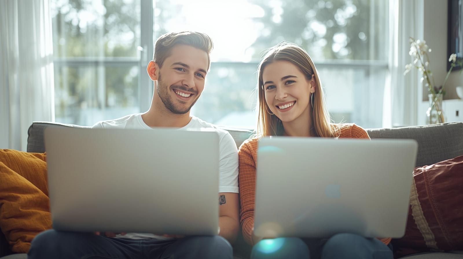 Smiling couple uses laptops for sports betting in a bright modern room.