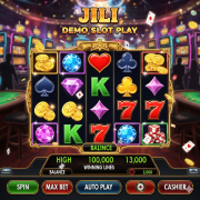 A vibrant image of an online slot machine game titled "Jili Demo Slot Play" with a detailed user interface and a blurred casino background.