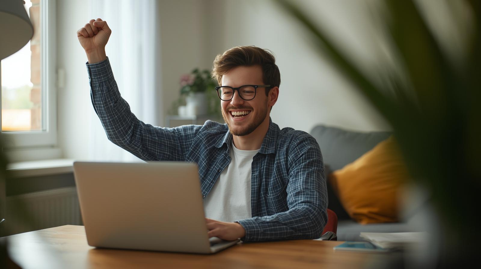 Man smiling at laptop, appearing successful while enjoying an online gaming session.