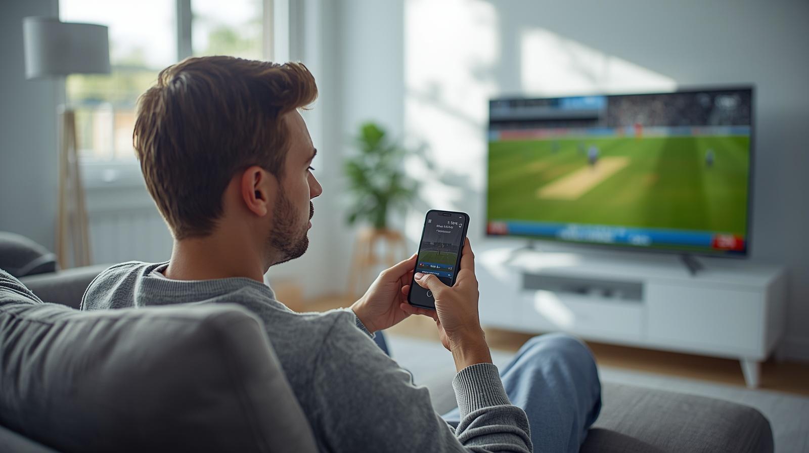 Man watches cricket while checking live betting odds on smartphone indoors.