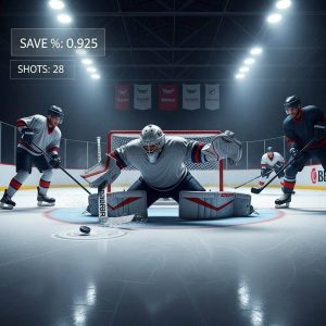 A high-action ice hockey scene featuring a goalie making a dramatic save under bright arena lights, with visible stats overlay like save percentage and shot count, realistic style, dynamic motion blur