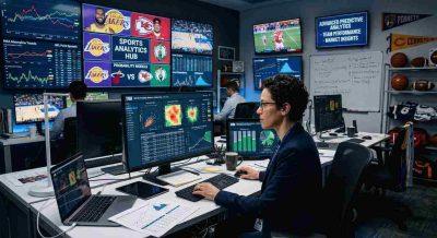A sports analytics laboratory with team statistics, probability models, market charts, basketball and football imagery, computer screens, and a professional data scientist analyzing results.
